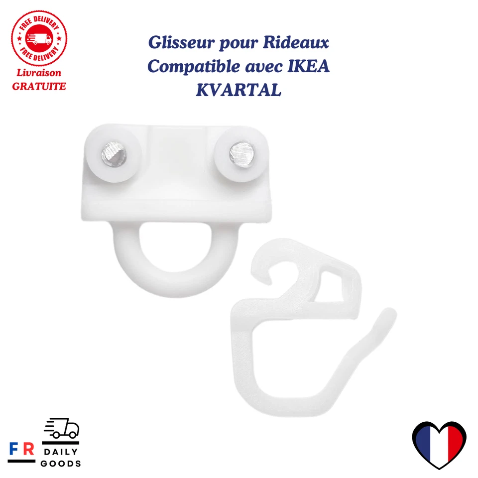 Glisseur pour Rideaux Compatible avec IKEA KVARTAL Lot 24 Patins Plastique Blanc