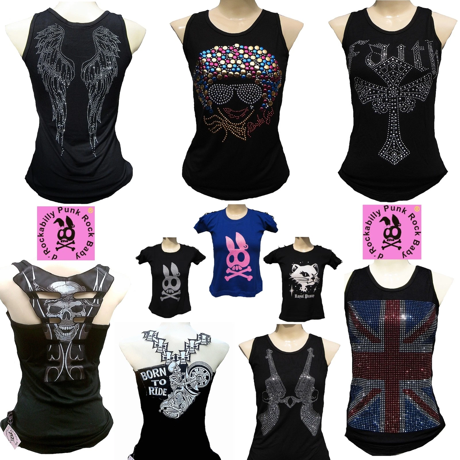 D'rockabilly Punk Rock Baby Rhinestone Tank Tops + Designer Logo T-SHIRT S/M/L/
