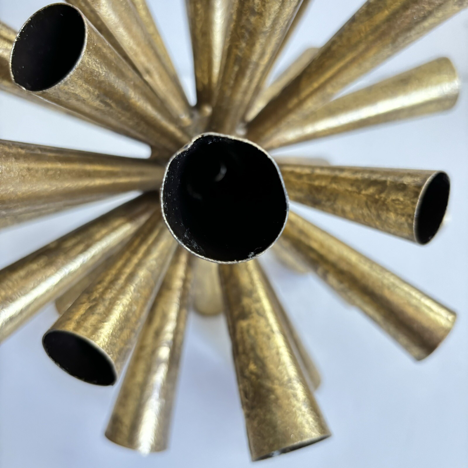 2 Metal Starburst Sputnik Style Tube Sculptures 10” And 8” Gold Tone Vintage