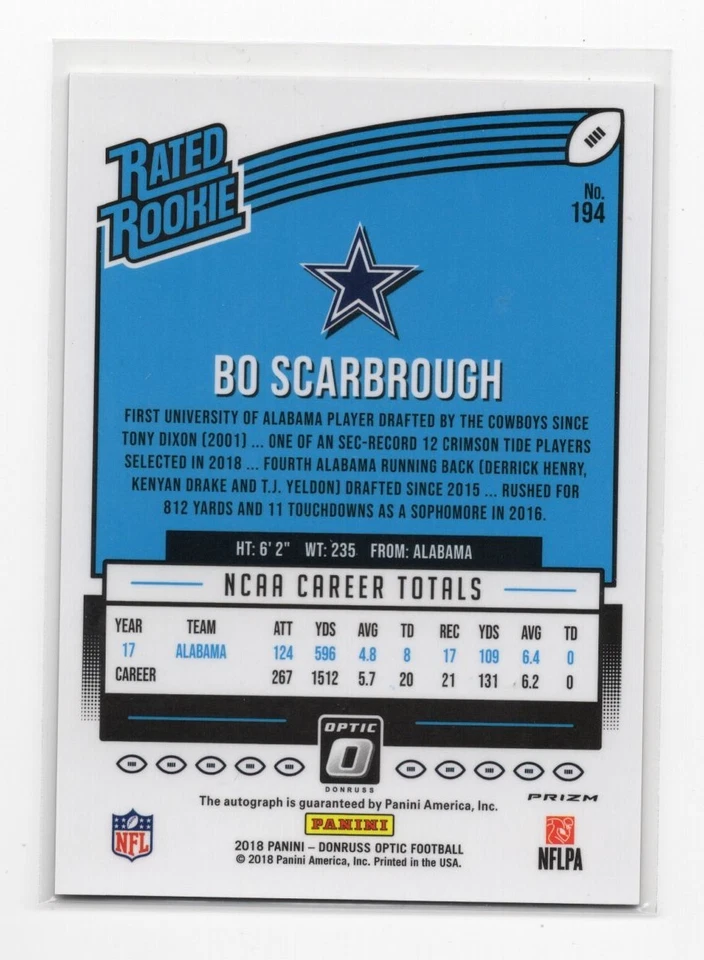 2018 Panini Donruss Optic Rated Rookie Autograph Bronze Bo Scarbrough - Image 2 of 2