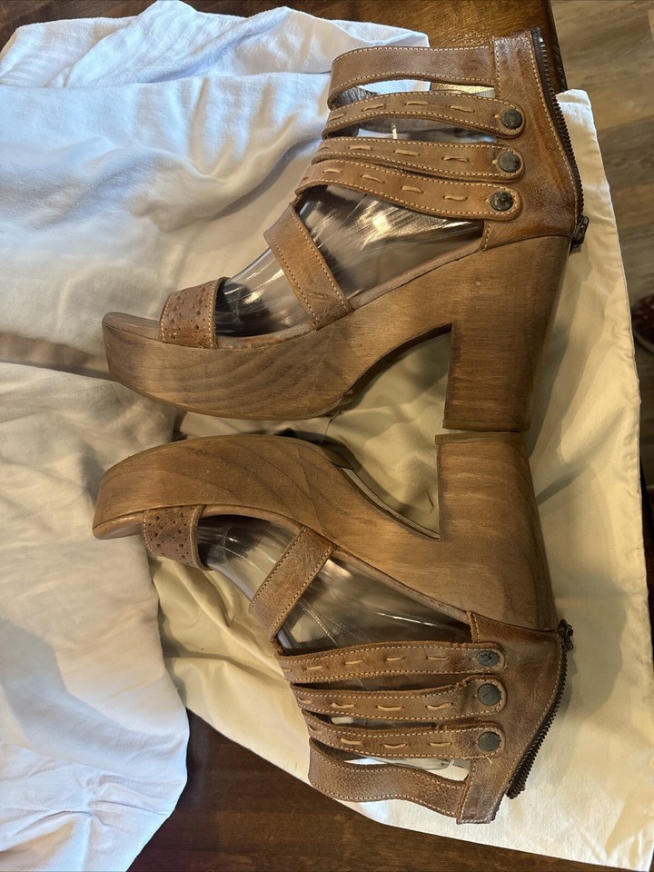 bed stu Adelia shoes size 10 Platform Wedge Sandals Heels Tan Rustic