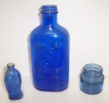 Vintage Lot of 3 Cobalt Blue Glass Bottles Bitters Noxzema  7" Milk of Magnesia