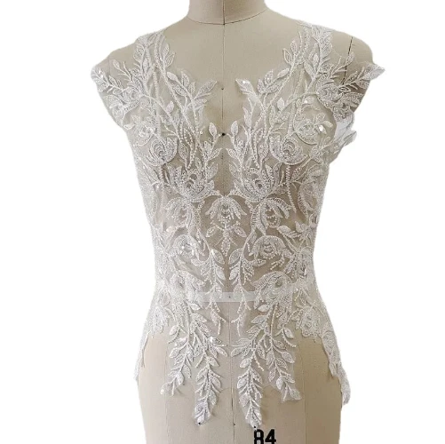 OFF WHITE Abito da sposa 65*48 cm paillettes perline pizzo petto fiori 3D applique colletto pizzo