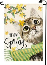 Spring Pink Meow Cat Garden Flag 12x18 Inch Double Sided Outside Floral green