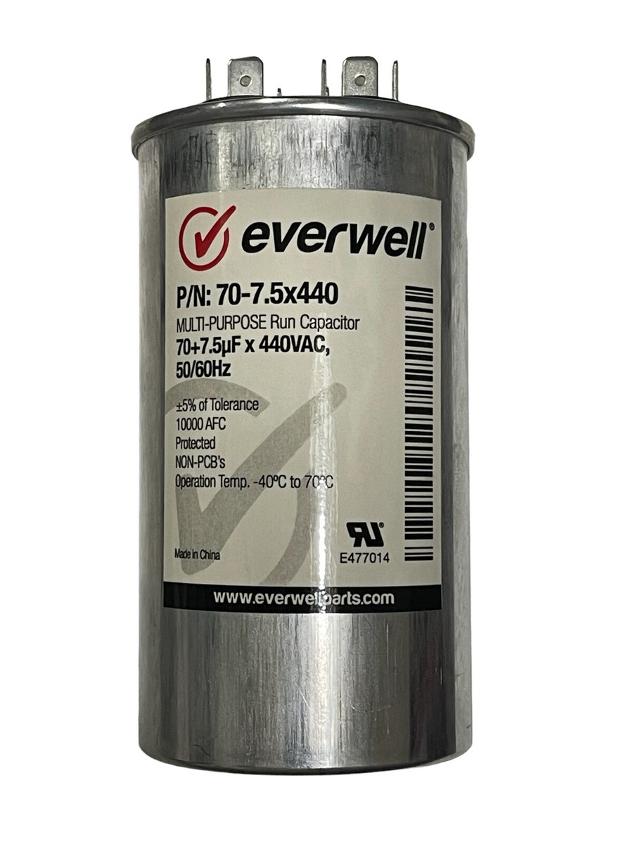 70+7.5µf x 440 VAC MULTI-PURPOSE RUN CAPACITOR, 50/60Hz ROUND TYPE