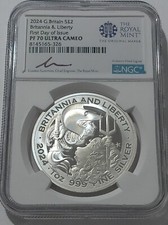2024 S£2 NGC PF70 UC Britannia & Liberty .999 Fine Summers Signed First Day FDOI