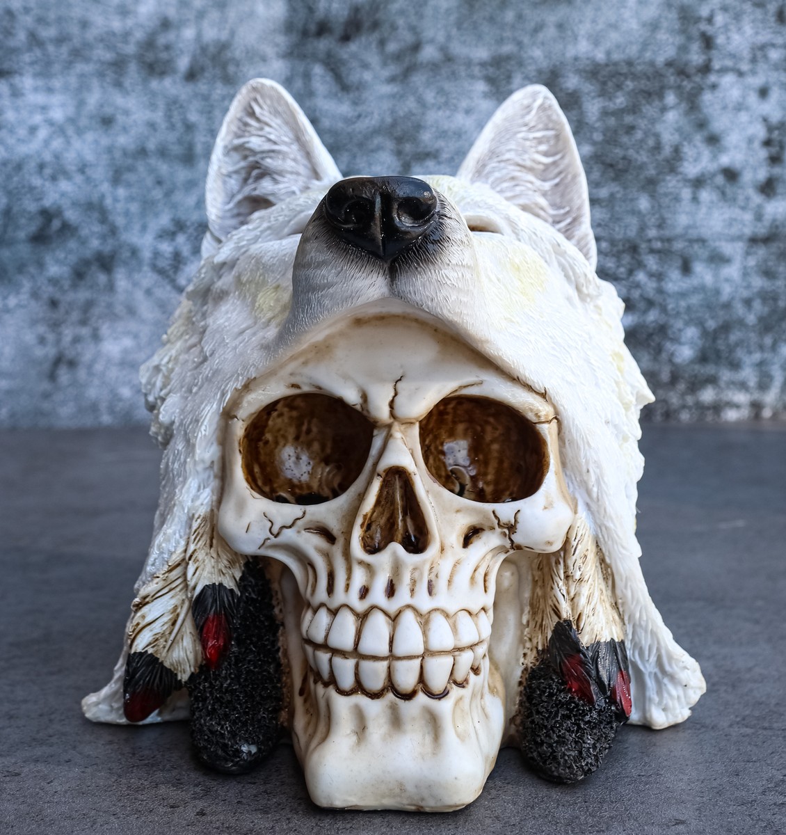 Skull with White Wolf Statue Collectible Home Decor Resin 6.25