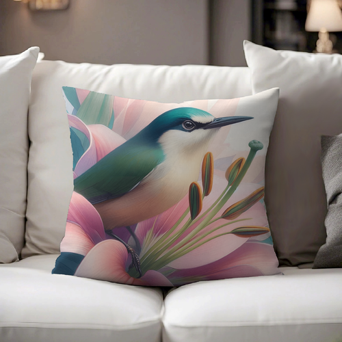 Throw Pillow Case Cushion cover Bird 122 Flowers Pastel pink green Printed USA - Picture 2 of 4