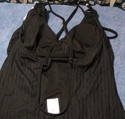 Shade & Shore Low U-Back Cross Strap Ribbed Texture 1 Piece Swimsuit Black XL - Picture 16 of 17