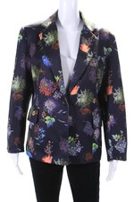 Spanner Womens Single Button Notched Lapel Floral Blazer Jacket Navy Blue Medium