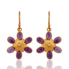 Amethyst Gemstone 925 Silver Gold Plated Flower Design Earrings Wedding Jewelry
