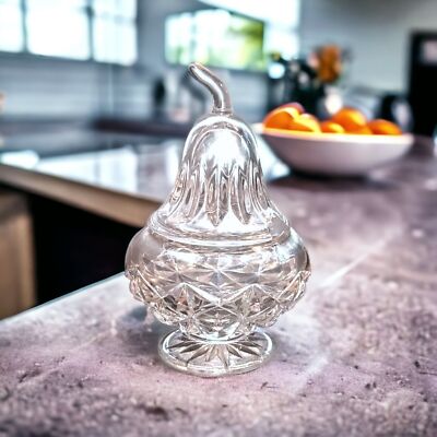 VINTAGE -Crystal Diamond Cut PEAR Trinket / Sugar Jar with Lid Cut Out For Spoon