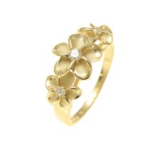 YELLOW GOLD PLATED STERLING SILVER 925 HAWAIIAN 3 FANCY PLUMERIA FLOWER RING CZ