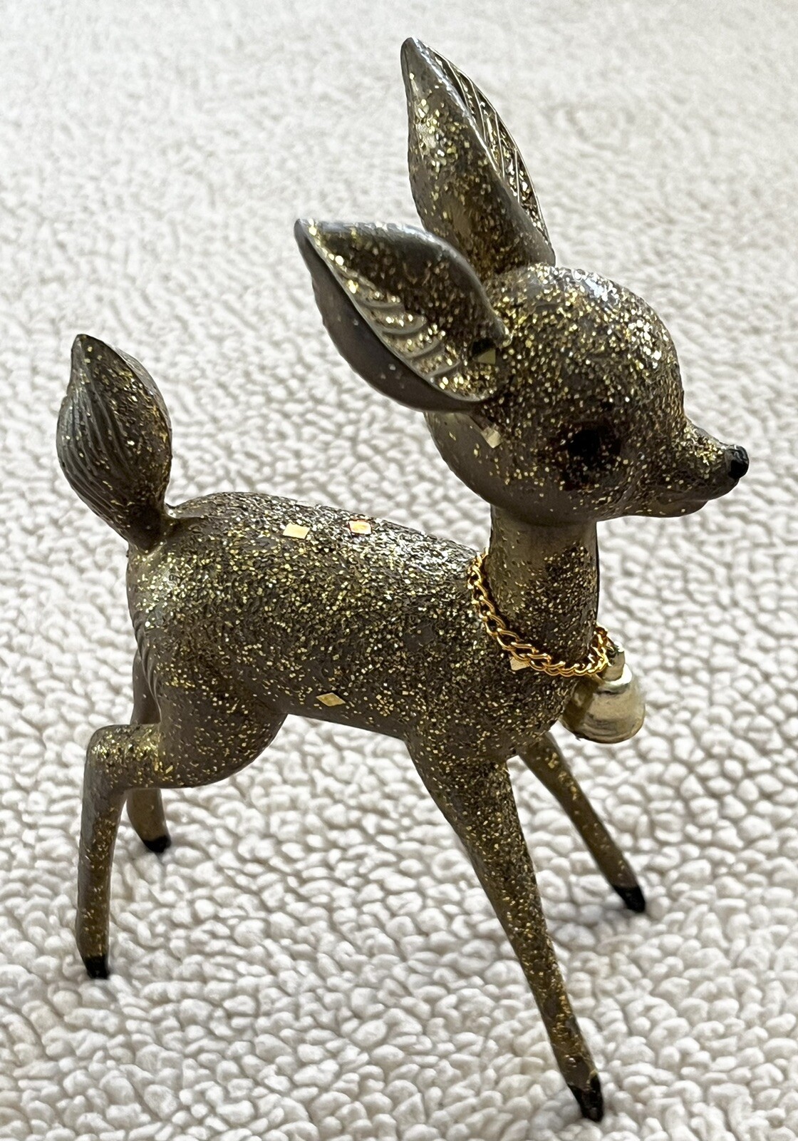 Vintage Christmas Gold Glitter Hard Plastic Reindeer Deer 6.5in w/ Bell MCM