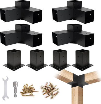 4X4 Woodworks Pergola Brackets Kit, 3-Way Corner Extension, Black Powder Coated,