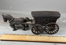 Antique Cast Iron Horse Drawn ICE Wagon Toy Original Patina 7.5" Vintage