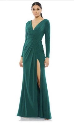 New Mac Duggal Size 4 Green 26554 Long Sleeve Wrap Jersey Slit Gown Dress