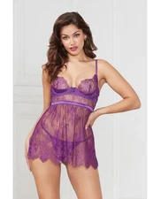 Seven ’til Midnight Pretty Lace Satin Babydoll and Panty Purple