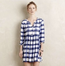 Anthropologie Maeve Devery Shirt Dress Small White Blue Plaid Bohemian Casual