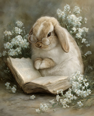 8x10 Rabbit Wearing Glasses Reading a Book Art Print - 410971104