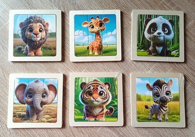 6 Mini-Puzzle,neu, Holz, je 6 Teile, Löwe, Giraffe, Panda, Elefant, Tiger, Zebra