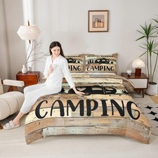 Boys Happy Camping Twin Size Comforter Set Western Farm Vintage Brown Kids Be...