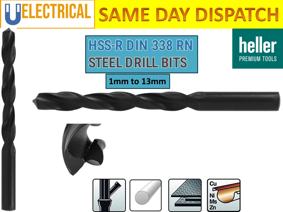 Heller HSS-R TWIST HIGH SPEED Steel Drill Bit Size 1mm - 13mm Pack Of 2, 5, 10