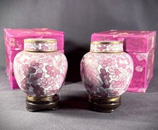 Vintage Cloisonné Mini Ginger Jar Pair Pink Floral w/ Lids Stands Box