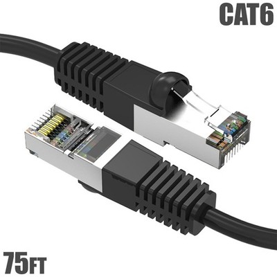 75FT Cat6 RJ45 Ethernet LAN Network SSTP Shielded Patch Cable Copper 26AWG Black