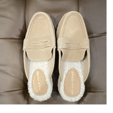 Donald Pliner Penny Women  s Beige Leather Faux Fur Lined Mule Slippers 7