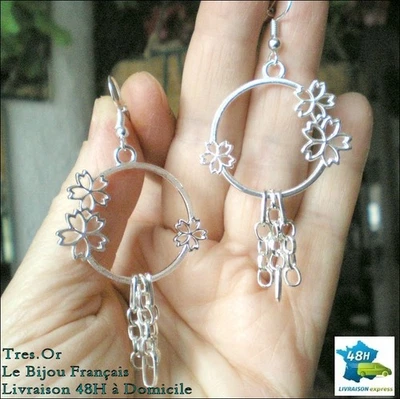 Boucles d'Oreille Anneau d'Argent Fleuri Bijou Français NEUF LIVRÉ 48H Domicile. - Photo 1/4