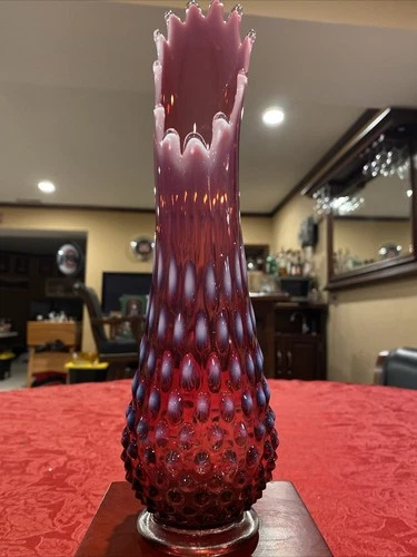 RARE MCM Fenton Plum Opalescent Hobnail 13.25” Swung Vase 12 Petals 67 Years Old