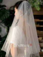 Dear White French Style Wedding Veil with Pearls, 4.43 ft