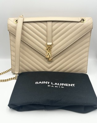 SAINT LAURENT Grain De Poudre Matelasse Chevron Large Monogram Satchel Bag Cream