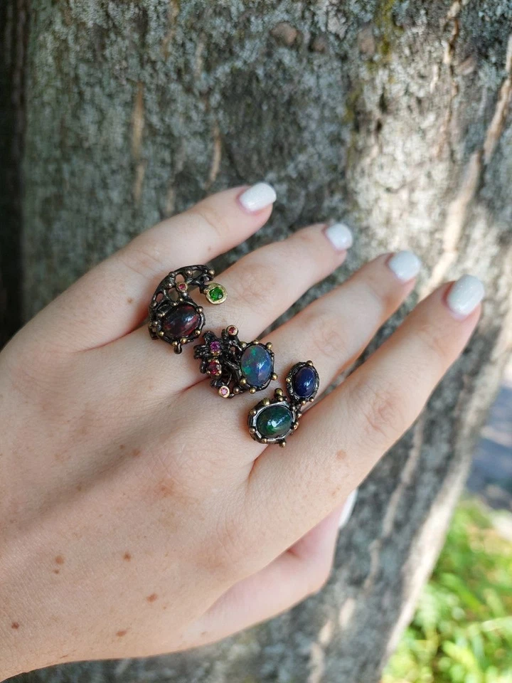 Einzigartiger Zweifingerring 925 Silber mit schwarzen Opal, Granat, Peridot - Bild 2 von 4