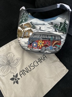 NWT Anuschka Hand-Painted Leather Slim Zip Top Hobo Bag Apres Ski VW Van Hippie
