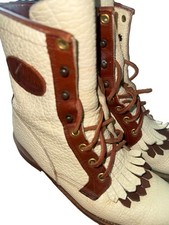 Vintage Justin Lace-Up Kiltie Boots Women  s 6.5B White Brown Leather USA 1980s
