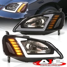 Black OE Style Head Light Lamp +LED DRL Signal For 2001-2003 Honda Civic 2DR 4DR
