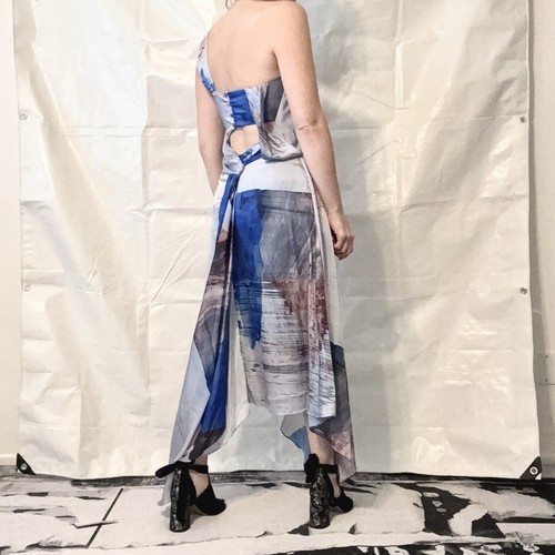 ASOS Abstract Print Drape Front Midi Flowing Dress Blue Silver Women’s Size 4 - Picture 2 of 12