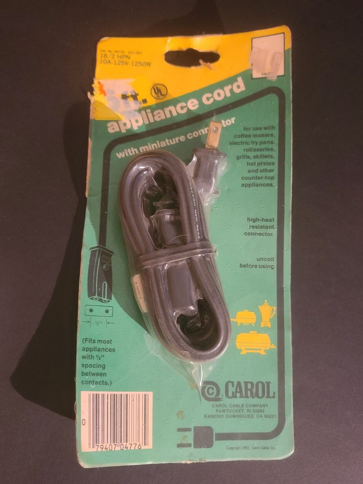 NEW Vintage Carol Cable Co Cat No. 04776 18/2 HPN 10A-125V-1250W  3 Foot Long