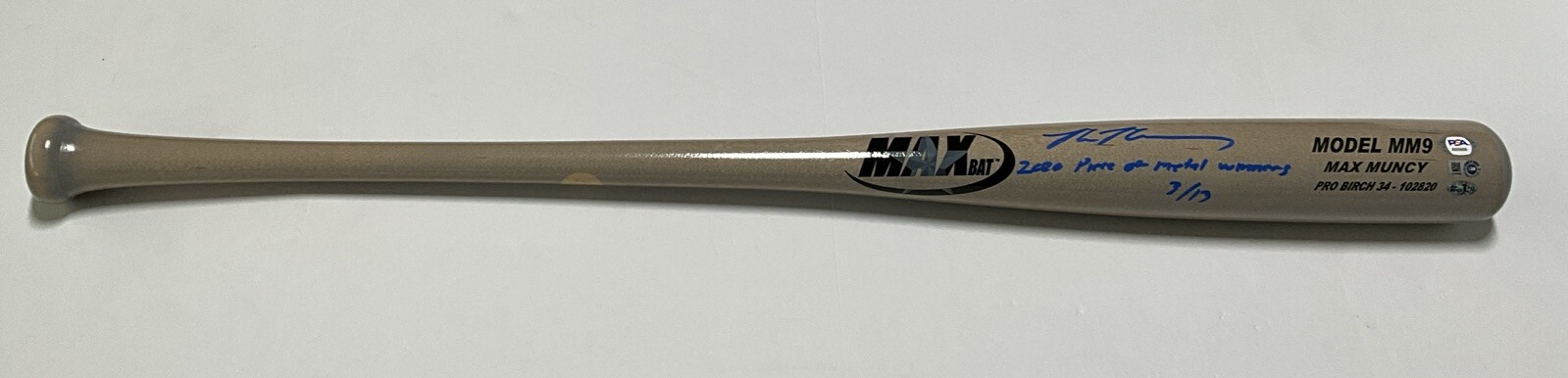 MAX MUNCY Autographed Signed Los Angeles Dodgers 3/13 GAME MODEL MM9 MAXBAT "2020 piece of metal winner" MLB PSA 
