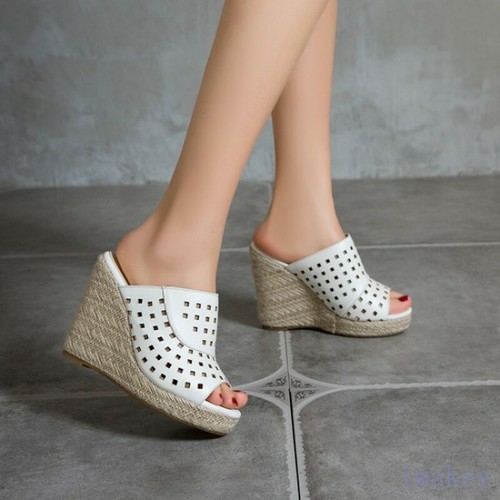 Women's Hollow Out Mesh Slingbacks Wedge Heels Platform Open Toe Slipper Sandals - Picture 10 of 17