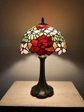 Tiffany Style Table Lamp Red Orange Stained Glass Rose Flower H19 W12 In