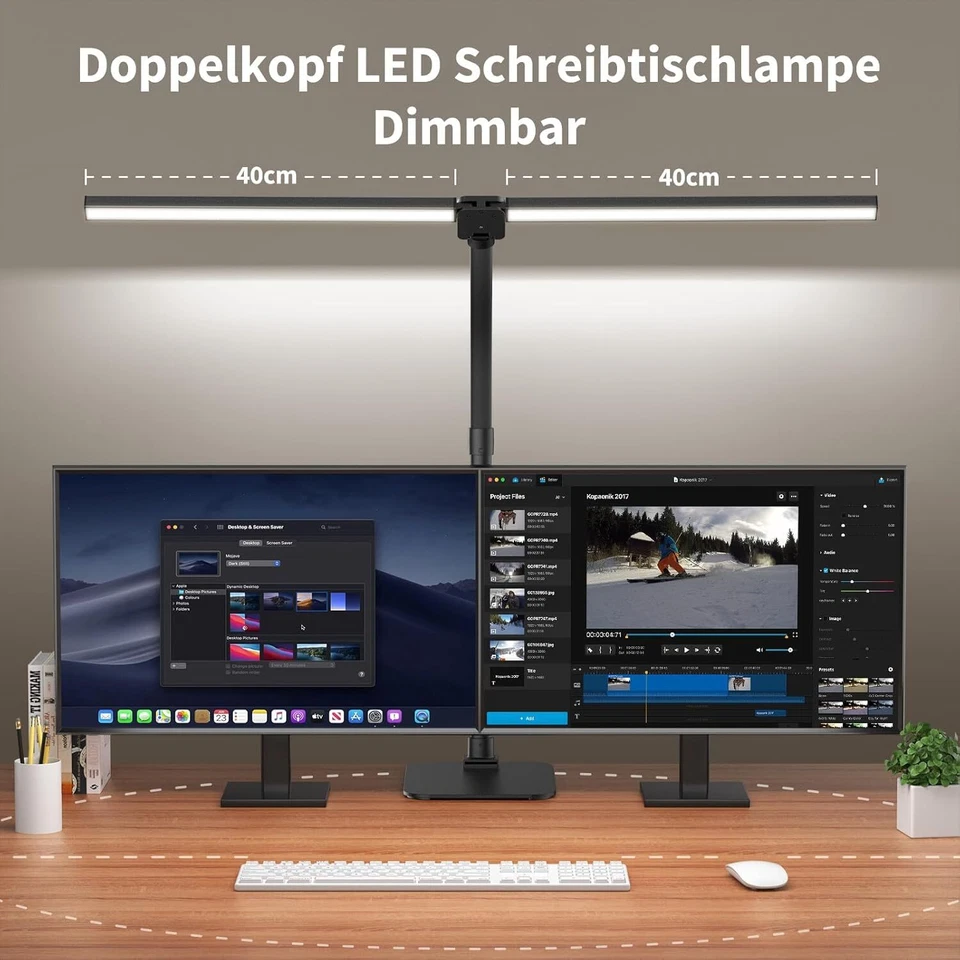 Doppelkopf Schreibtischlampe LED Dimmbar Schreibtischlampen mit Fuß 24W 80cm Tag - Bild 2 von 4