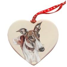 Greyhound Brindle and White Porcelain Heart Ornament Double-Sided