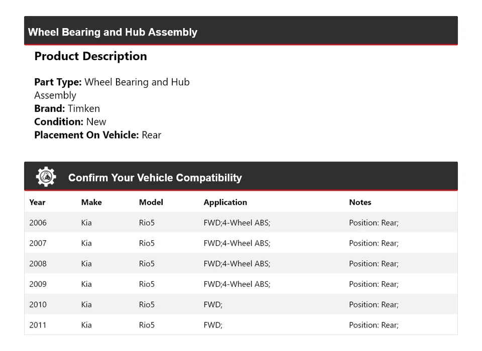 适用于 2006 - 2011 起亚 Rio5 FWD 轮轴承和轮毂组件 后铁姆肯公司 2007 2008 — 第 2/4 张图片