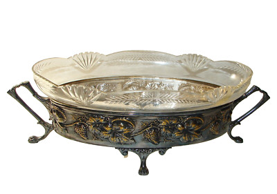 Art Nouveau Silver Plated Centerpiece with Grapes and Cut Glass Lining 17''