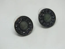 Collectible Pierced Earrings Silver Tone Black Sage Rhinestones 5/8" WOW