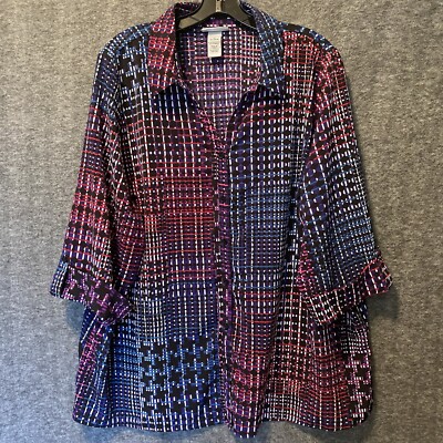 Catherines Top Womens Plus 1X 18/20W Purple Pink Button Roll Tab Shirt Blouse