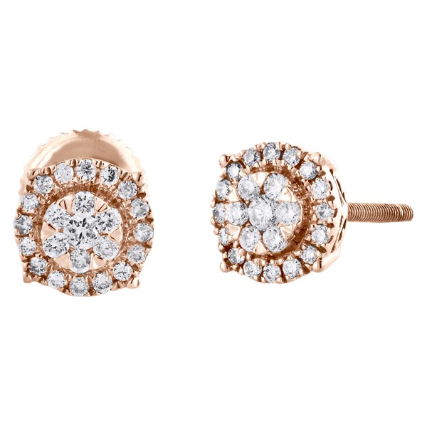 14K RoséGold Runde Diamant 6,75Mm Blumenstecker Mit Halo Ohrringe 0,25 CT-image
